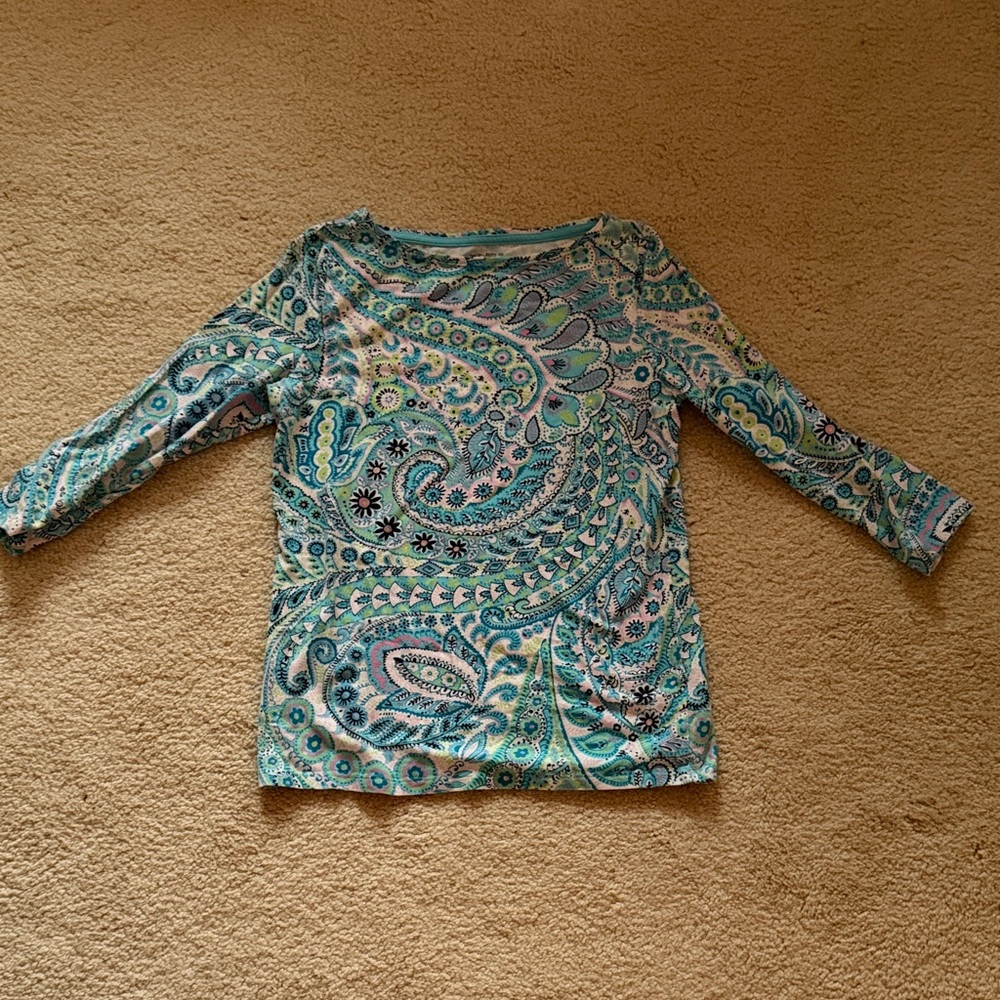 Talbots Teal & White Paisley Long Sleeve Top - Small Petite